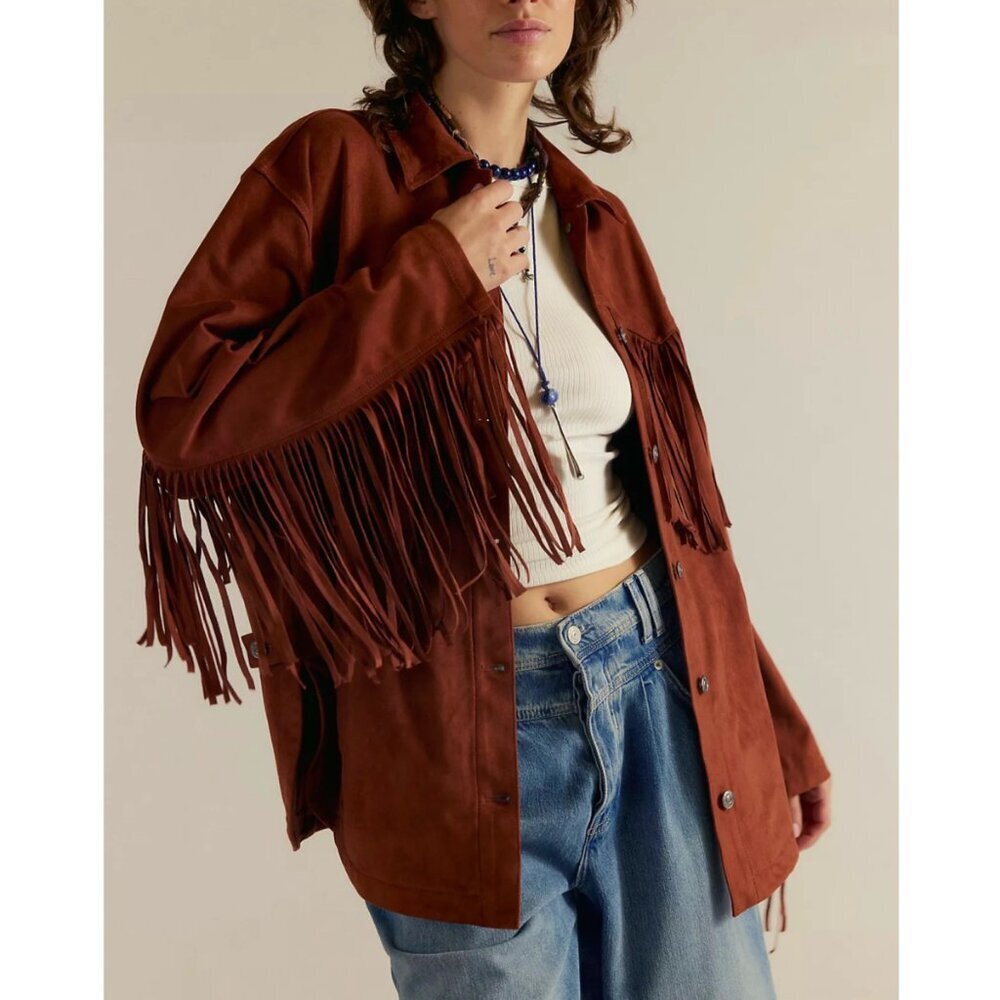 NWT Free People Fringe Out Vegan Suede Jacket Red Mahogany Medium - Picture 1 of 12